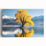 Stretched canvas wall art depicting a serene landscape with vibrant green trees and a tranquil blue sky, perfect for enhancing any living space's decor and ambiance.