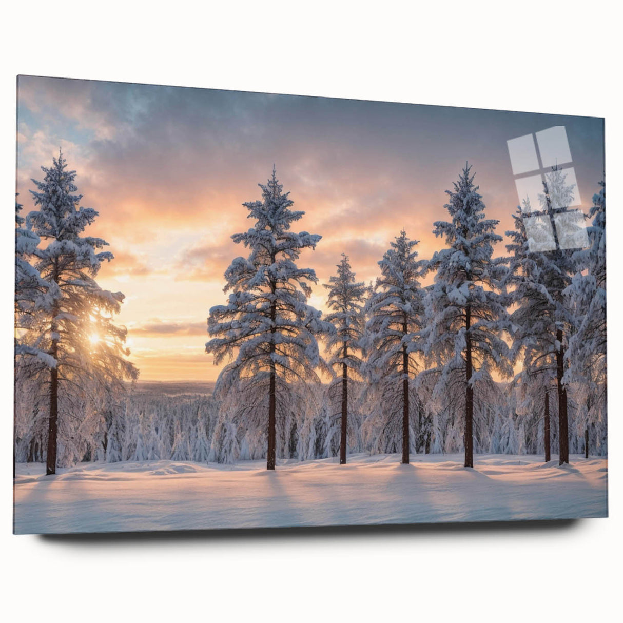 Acrylic glass wall art showcasing a vibrant landscape design featuring lush green trees and a serene blue sky, presented in a side view without pins, perfect for modern decor.