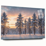 Acrylic glass wall art showcasing a vibrant landscape design featuring lush green trees and a serene blue sky, presented in a side view without pins, perfect for modern decor.