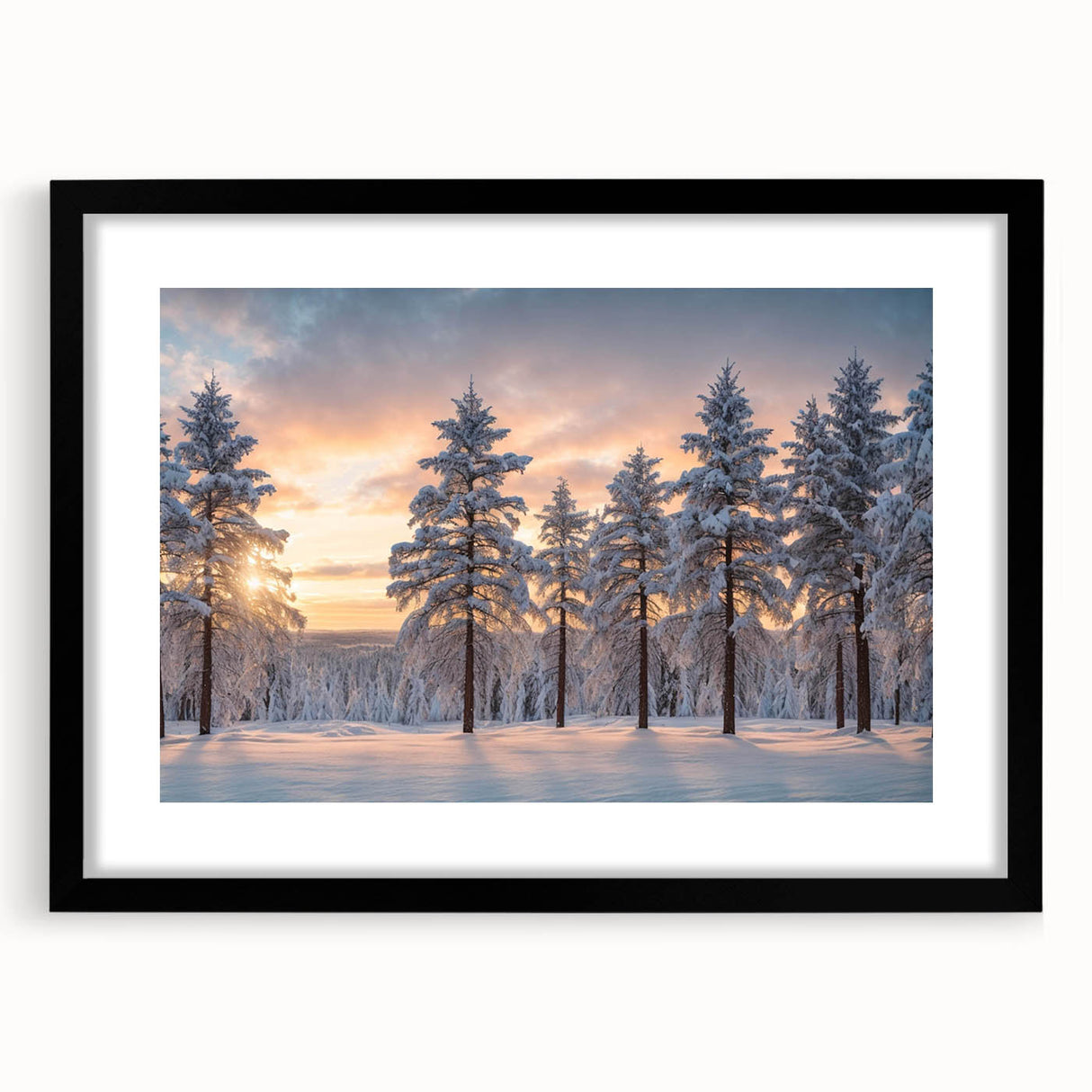 Framed wall art of a serene landscape featuring vibrant trees, presented in a sleek black frame with a mat, ideal for enhancing home decor and adding a touch of nature.