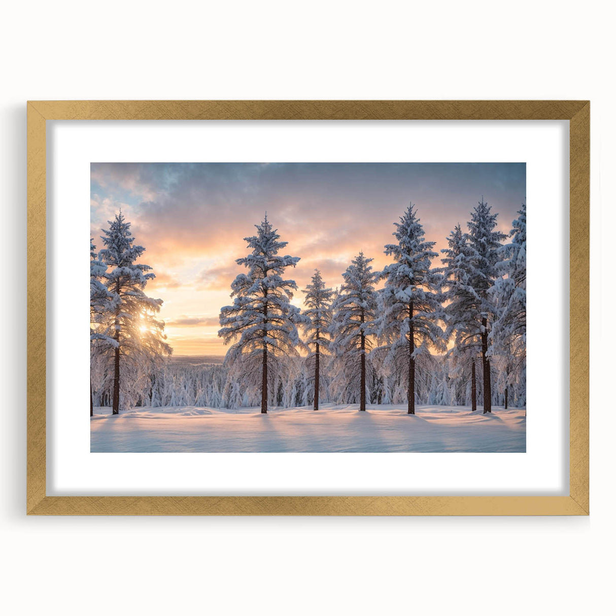 Framed wall art design featuring a serene landscape with trees, set in a gold frame, enhancing modern decor for home or office. Ideal for nature enthusiasts.