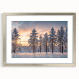 Framed wall art featuring a serene forest landscape with vibrant green trees, elegant silver matting, and a polished frame, enhancing home decor aesthetics.