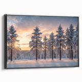 Framed canvas wall art showcasing a serene landscape design featuring tall trees and lush greenery, with a sleek black frame, perfect for modern decor.