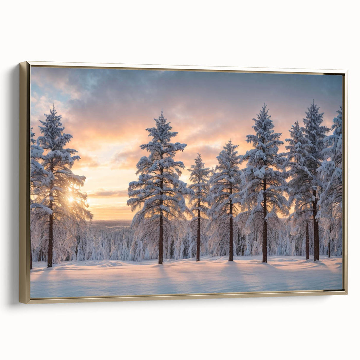 Framed canvas wall art showcasing a serene landscape with lush green trees and a golden border, ideal for home decor and nature-themed interiors.