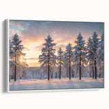 Framed canvas wall art featuring a serene landscape of tall trees against a white backdrop, perfect for adding a touch of nature to modern decor.