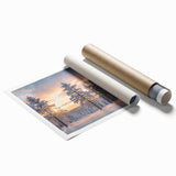 Vibrant rolled print showcasing a serene landscape with lush green trees and a tranquil blue sky, perfect for enhancing home decor or office spaces.