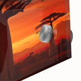 Close-up of a vibrant acrylic glass wall art collection showcasing abstract tree landscapes, featuring rich greens and earthy tones, perfect for modern decor.