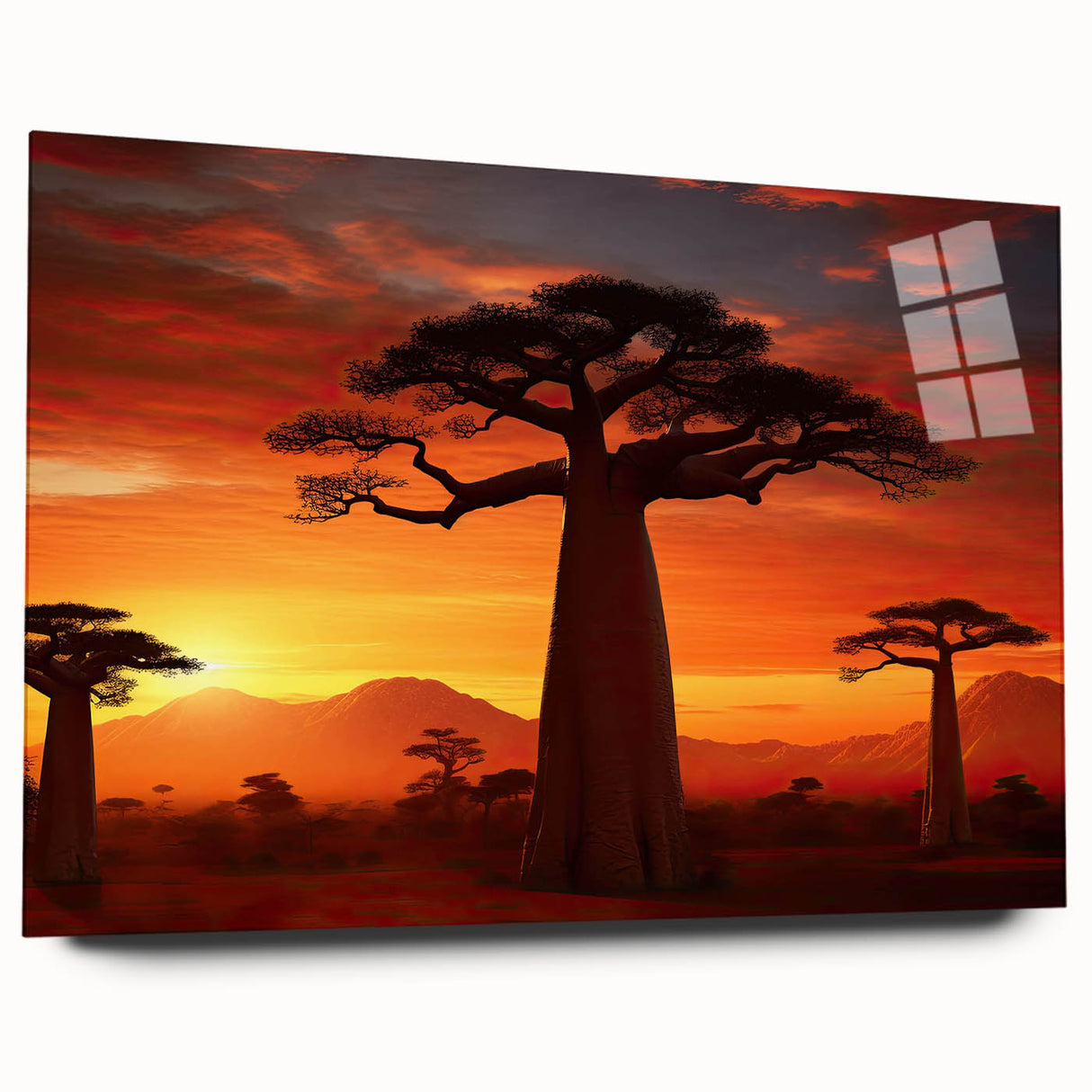 Acrylic wall art collection showcasing a vibrant landscape with trees, displayed in a sleek glass frame. Ideal for modern home decor and nature enthusiasts.