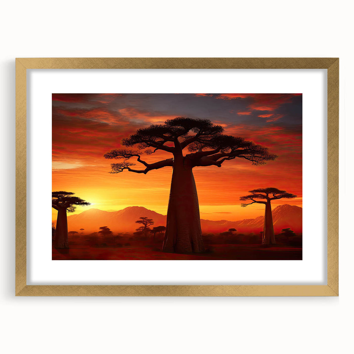 Framed landscape wall art featuring a serene tree design in gold frame with matting, showcasing a harmonious blend of nature and elegance for home decor.