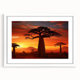 Framed wall art featuring a serene landscape with trees, presented in a white mat and frame, ideal for home decor and nature-themed interiors.