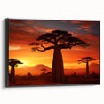 Framed canvas wall art featuring a serene landscape with stylized trees, showcased in a black frame. Ideal for modern home decor, enhancing any living space.