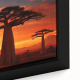 Close-up of a framed canvas wall art featuring a stunning landscape design with lush green trees and vibrant colors, perfect for enhancing home decor.