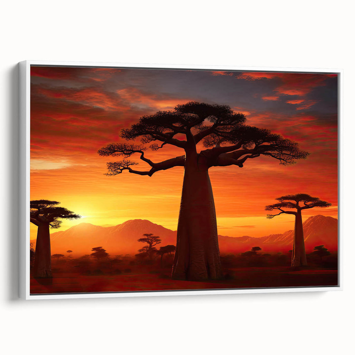 Framed wall art showcasing a serene landscape design with trees, set against a white background, ideal for enhancing home decor with nature-inspired elegance.