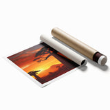 Vibrant rolled wall art print showcasing a serene landscape with tall trees against a sunset backdrop, beautifully designed for home decor.