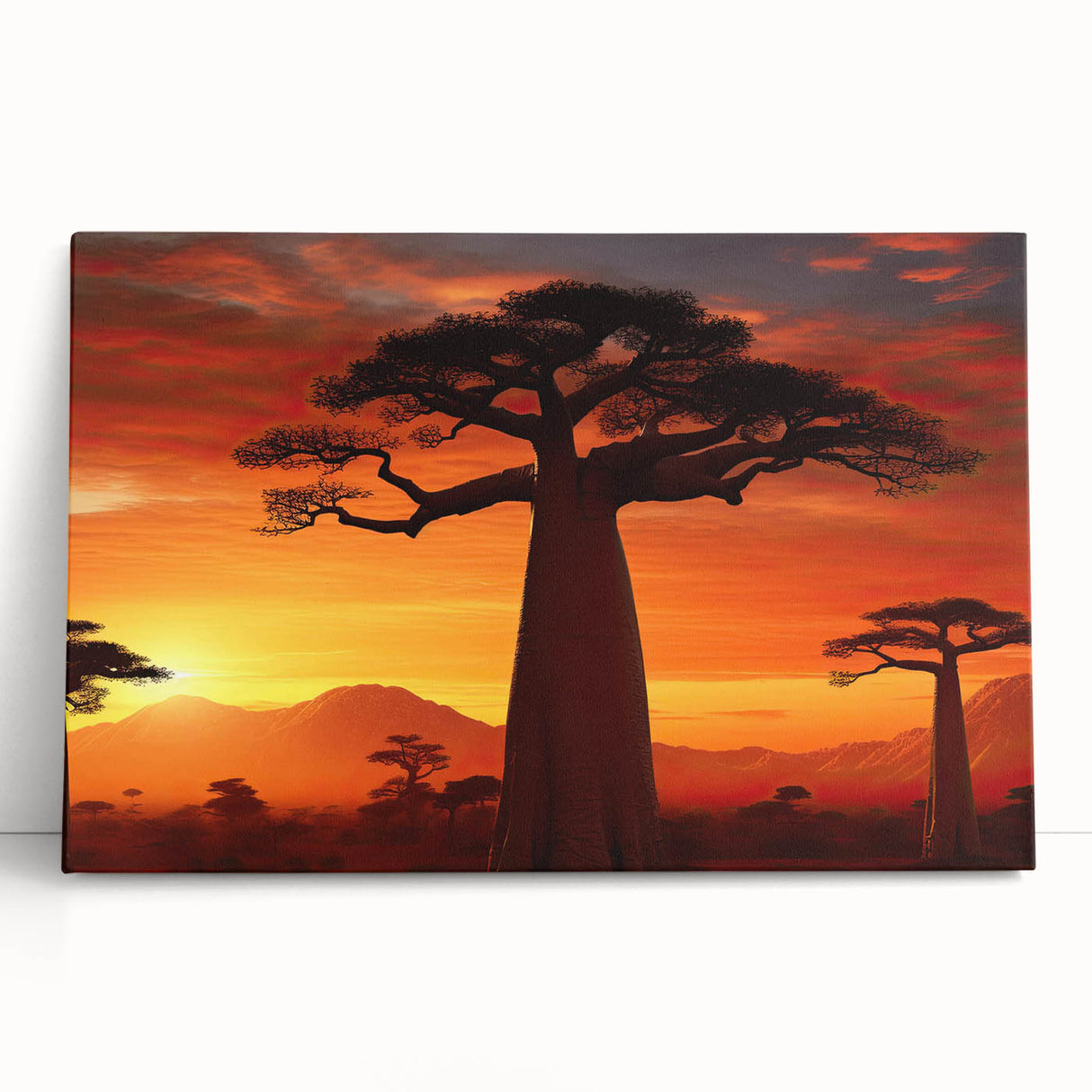 Stretched canvas wall art depicting a serene landscape with lush green trees and a tranquil blue sky, perfect for enhancing home decor with natural elements.