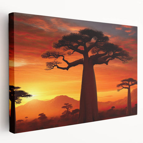 Stretched canvas wall art showcasing a serene landscape design with vibrant green trees and a calming blue sky, perfect for home decor in living spaces.
