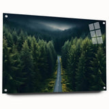 Acrylic wall art piece showcasing a serene landscape with tall trees, designed for modern decor. The side view highlights its sleek finish and attachment pins, perfect for enhancing living spaces.