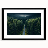 Framed black wall art featuring a serene landscape with trees, showcasing vibrant green foliage and a tranquil atmosphere, perfect for home decor.