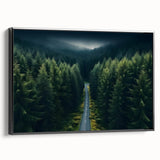 Framed canvas wall art showcasing a serene landscape with tall trees, featuring a sleek black frame. Ideal for enhancing modern home decor with nature-inspired design.
