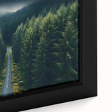 Framed canvas wall art showcasing a vibrant landscape with trees, emphasizing rich green foliage and a serene atmosphere, perfect for home decor enhancement.