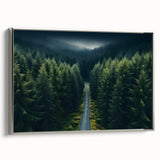 Framed canvas wall art showcasing a serene landscape with lush green trees and a silver frame, perfect for adding a touch of nature to home decor.