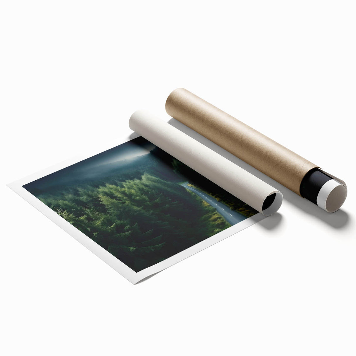 Vibrant rolled landscape wall art print showcasing a serene forest scene with lush green trees, perfect for enhancing home decor and creating a calming atmosphere.