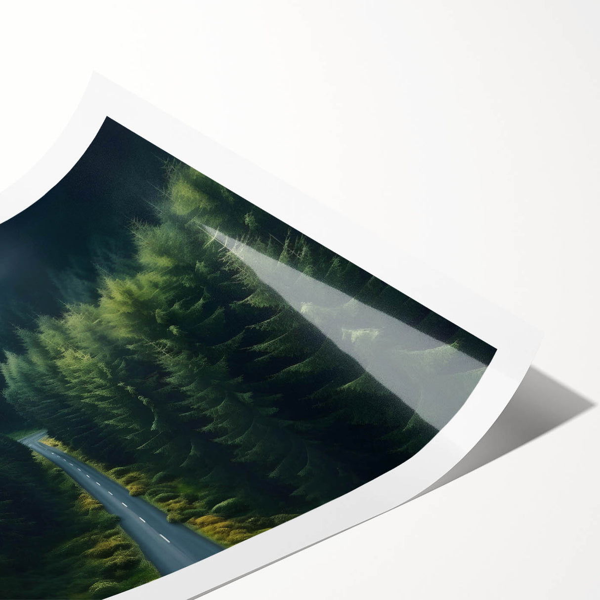 Rolled print showcasing a vibrant landscape design featuring lush green trees and a serene blue sky, perfect for enhancing home decor and adding natural beauty.