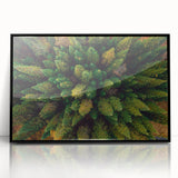 Framed acrylic wall art showcasing a vibrant landscape design featuring lush green trees, set against a black frame, perfect for home decor and nature enthusiasts.