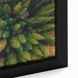 Framed canvas artwork showcasing a vibrant forest landscape with lush green trees and a serene blue sky, ideal for nature-themed interior decor.