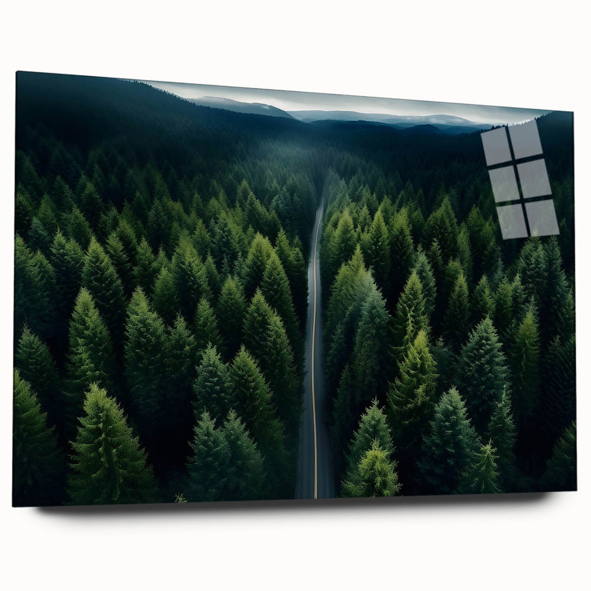 Acrylic wall art featuring a vibrant landscape design with lush green trees, displayed elegantly in a side view without pins, perfect for modern home decor.