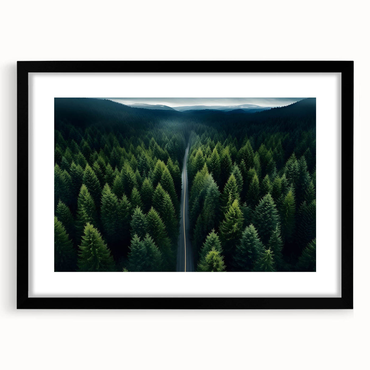 Framed wall art showcasing a serene landscape with trees, featuring a black mat and sleek black frame, perfect for home decor and nature lovers.