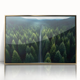 Framed acrylic wall art showcasing a vibrant landscape with trees, featuring a gold border, perfect for home decor and nature enthusiasts.