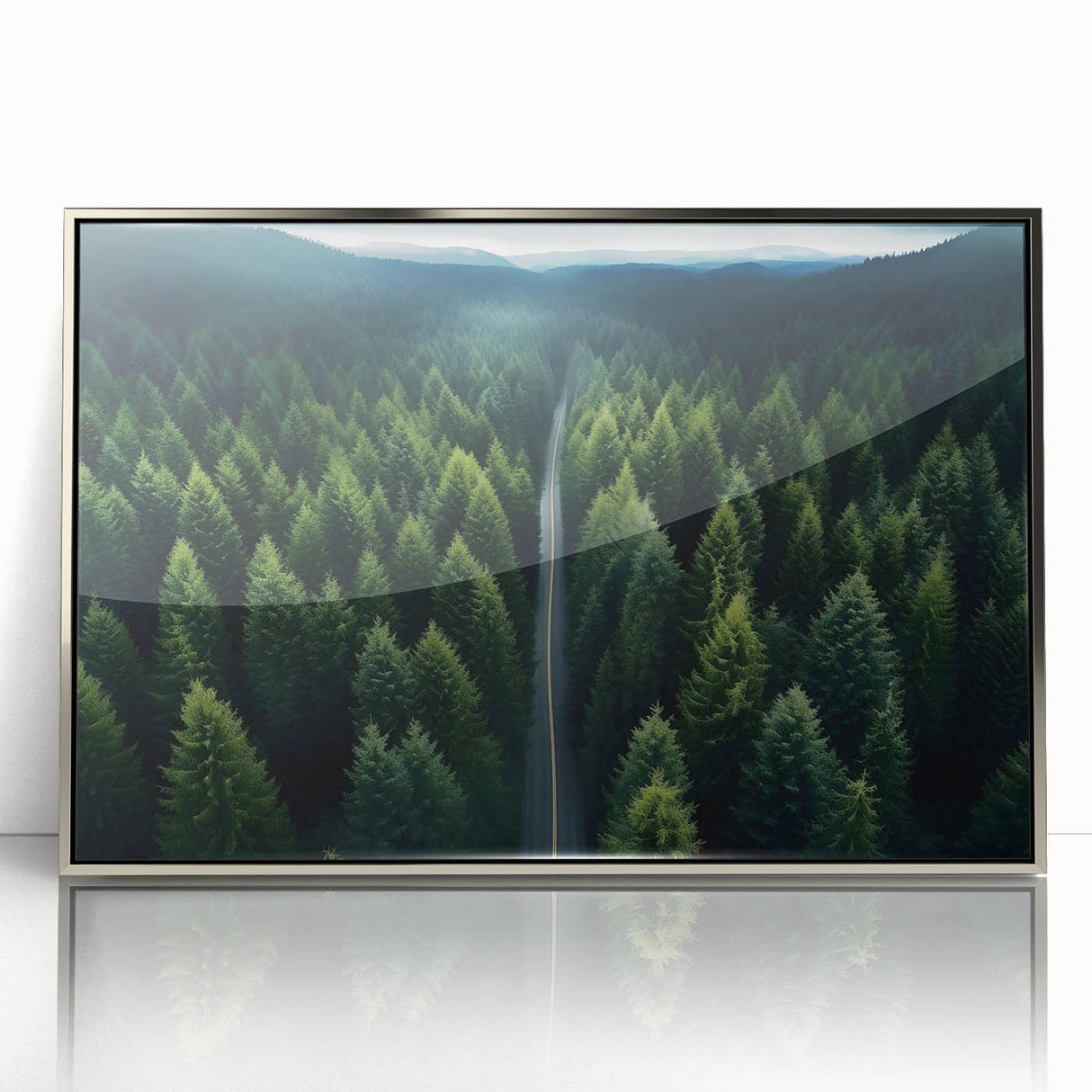 Framed wall art featuring a stunning landscape design with vibrant trees, presented in a sleek silver frame, perfect for enhancing home decor.