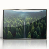 Framed wall art featuring a stunning landscape design with vibrant trees, presented in a sleek silver frame, perfect for enhancing home decor.