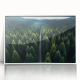 Framed acrylic wall art showcasing a serene landscape with trees, designed in a modern style with a white frame, perfect for home decor enhancement.