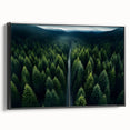 Framed canvas wall art showcasing a vibrant landscape with trees in rich greens and browns, set against a black background, ideal for modern home decor.