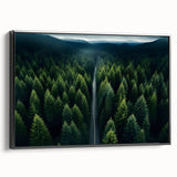 Framed canvas wall art showcasing a vibrant landscape with trees in rich greens and browns, set against a black background, ideal for modern home decor.