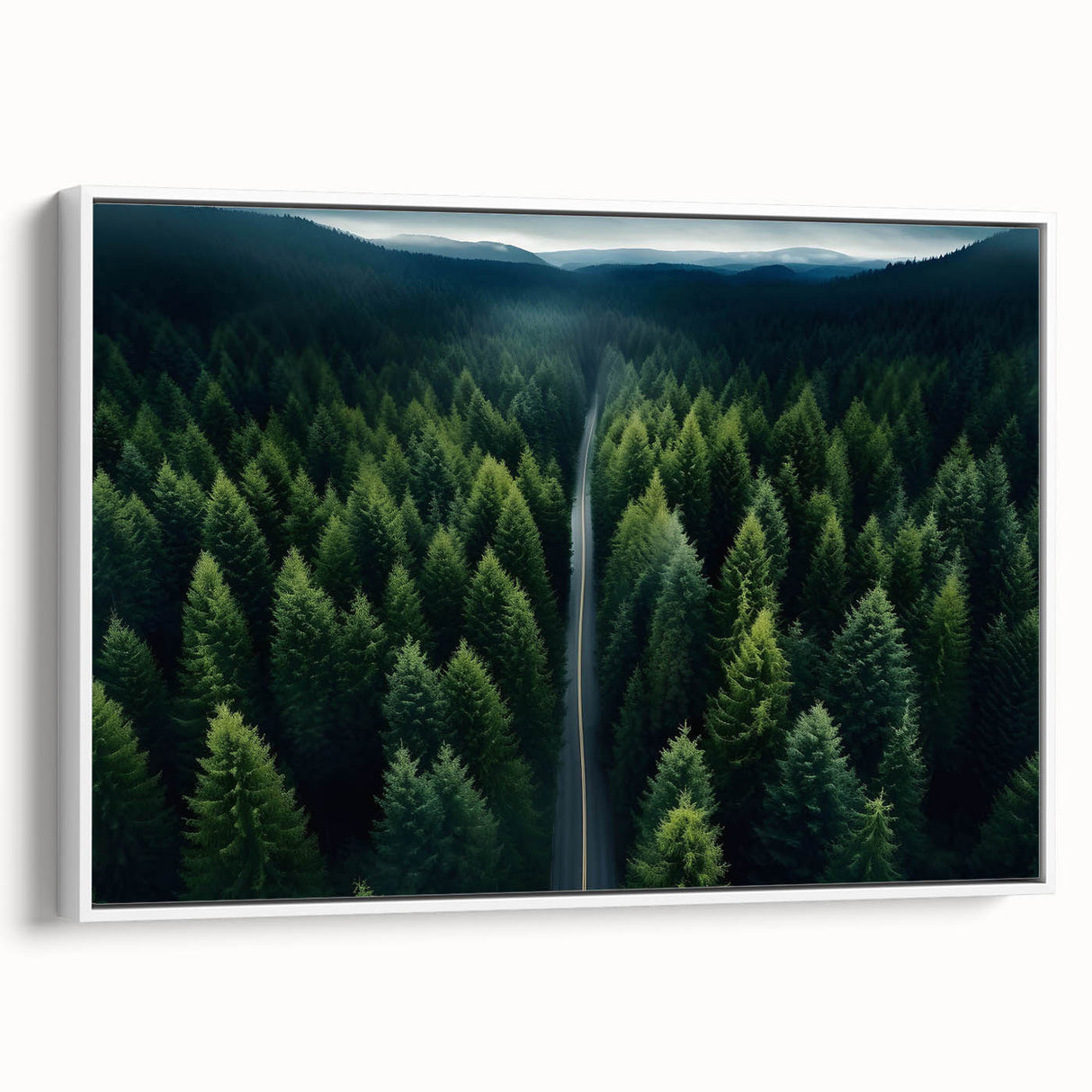 Framed canvas wall art showcasing a serene landscape with vibrant green trees, designed to enhance home decor. The artwork features a white frame, adding elegance to any setting.
