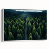 Framed canvas wall art showcasing a serene landscape with vibrant green trees, designed to enhance home decor. The artwork features a white frame, adding elegance to any setting.