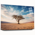 Side view of a vibrant acrylic wall art collection featuring a tree landscape design, elegantly displayed with silver pins on a wooden surface, showcasing a modern aesthetic.