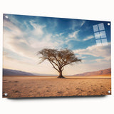 Side view of a vibrant acrylic wall art collection featuring a tree landscape design, elegantly displayed with silver pins on a wooden surface, showcasing a modern aesthetic.