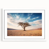 Framed landscape wall art featuring a serene tree design in a white mat, showcasing vibrant colors and intricate details, perfect for enhancing home decor.