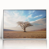 Framed acrylic wall art showcasing a serene landscape with trees, featuring a modern white frame, perfect for home decor or office ambiance.