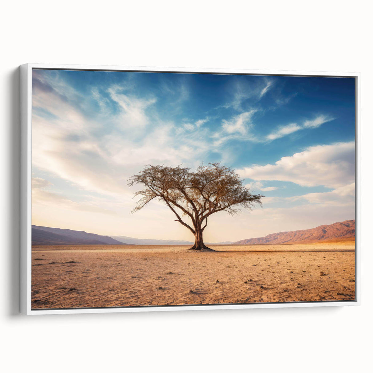 Framed canvas wall art showcasing a serene landscape with trees, presented in a sleek white frame, ideal for modern decor and nature enthusiasts.