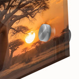 Close-up of a stunning acrylic glass wall art piece showcasing a vibrant landscape design featuring lush green trees and a serene atmosphere, perfect for home decor.