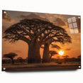 Acrylic glass wall art showcasing a vibrant landscape design featuring stylized trees, displayed from a side view with decorative pins, perfect for interior decoration.