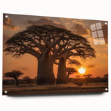 Acrylic glass wall art showcasing a vibrant landscape design featuring stylized trees, displayed from a side view with decorative pins, perfect for interior decoration.
