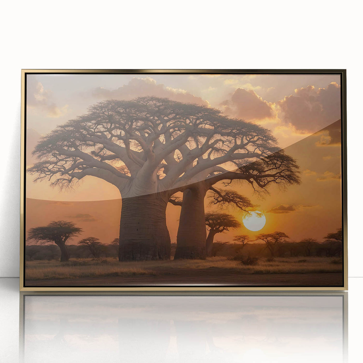 Framed wall art showcasing a stunning landscape design featuring vibrant trees against a serene backdrop, enhanced with a sleek gold frame for an elegant touch. Ideal for adding a nature-inspired aesthetic to any interior space.