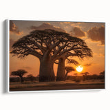 Framed canvas wall art featuring a serene landscape with trees, displayed against a white background, ideal for home decor and nature enthusiasts.