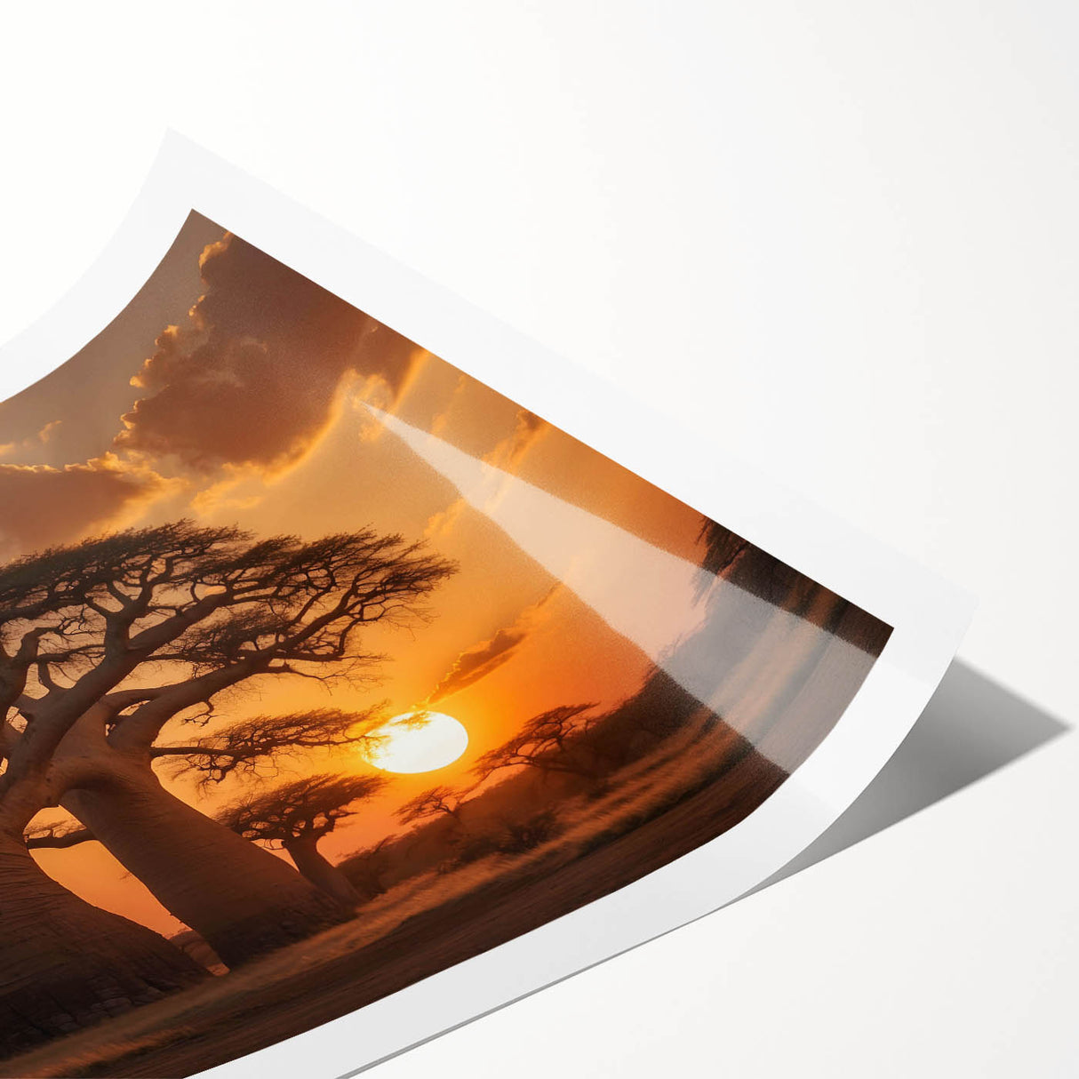 Rolled print of a serene landscape featuring vibrant green trees and a tranquil blue sky, ideal for home decor. Perfect for nature enthusiasts and wall art collectors.